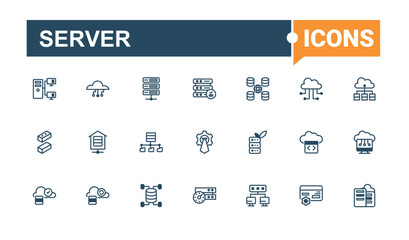 Server Year end icon set. Contains related to information, storage, lock, global, server, analytics, database, security. Minimalistic icons. Solid line editable stroke.