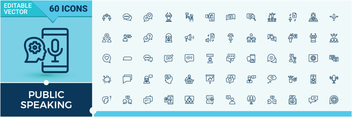 Public Speaking icons set. Related to elocution, speaker, oratory, recording, distance, class and more. Thin outline icons pack. Solid line editable stroke. Vector line and solid icons.