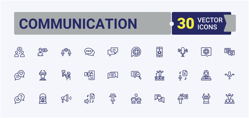 Set of Communication line icons. Icons discussion, radio, audio, triangle, leader, language and more. Icons for UI. Solid line editable stroke. Vector line and solid icons.