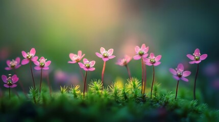 Obraz premium Delicate Pink Flowers Blooming in Lush Green Moss