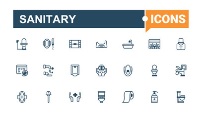 Set of Sanitary line icons. It contains symbols to disinfect, rail, house, hand, ss, water, wash. Minimalistic icon. Editable vector icon and illustration.