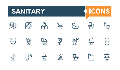 Set of Sanitary line icons. It contains symbols to disinfect, rail, house, hand, ss, water, wash. Minimalistic icon. Editable vector icon and illustration.