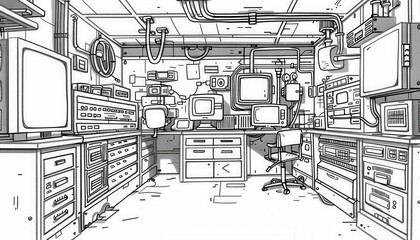 A cluttered room filled with vintage electronics and computer equipment. Perfect for a retro tech background or a scene in a sci-fi setting.