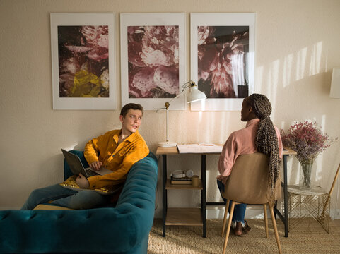 Diverse couple discussing freelance project