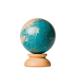 a blue ball sitting on top of a wooden stand