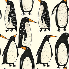 Playful Penguin Repeating Pattern in Hand-Drawn Style
