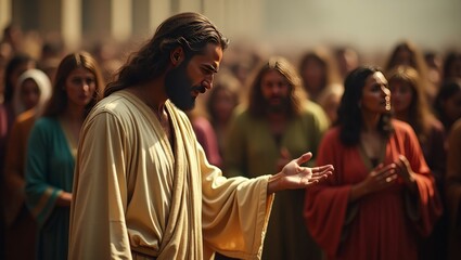 Jesus teaching a crowd, a serene depiction of wisdom, compassion, and divine guidance.