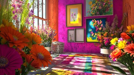 A vibrant room filled with colorful flowers and bright artwork, creating cheerful atmosphere