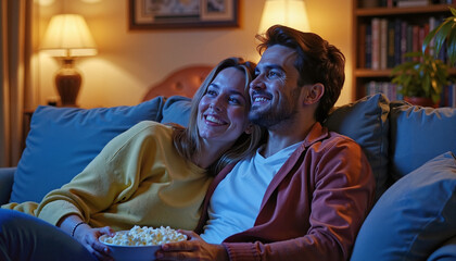 Happy couple cuddling on couch with popcorn during movie night at home
