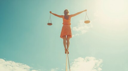 Fototapeta premium Woman Balancing on a Tightrope with Scales