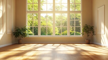 Fototapeta premium A simple room bathed in warm sunlight, creating a tranquil atmosphere. Light wood floors and neutral walls combine with geometric shadows cast by the large window to evoke a sense of coziness. 