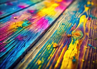 Fototapeta premium A colorful tilt-shift photograph showcases abstract paint splatters on wood, a miniature world of art.