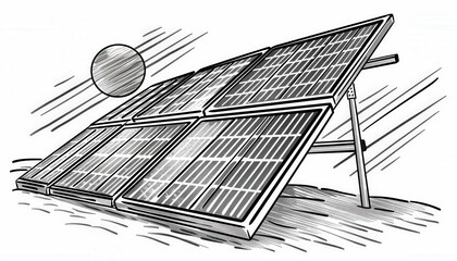 Solar panel sketch absorbing sunlight. Ideal for educational resources promoting renewable energy sustainability and eco-friendly power solutions.