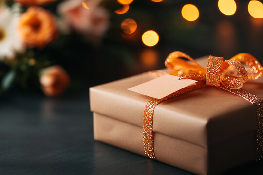 Gift box with orange ribbon and tag against bokeh lights and flowers