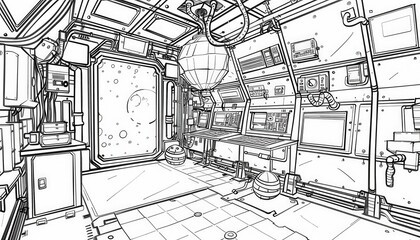 A monochrome spaceship interior sketch with intricate details perfect for coloring books or sci-fi concept art. Offers a futuristic and technical aesthetic.