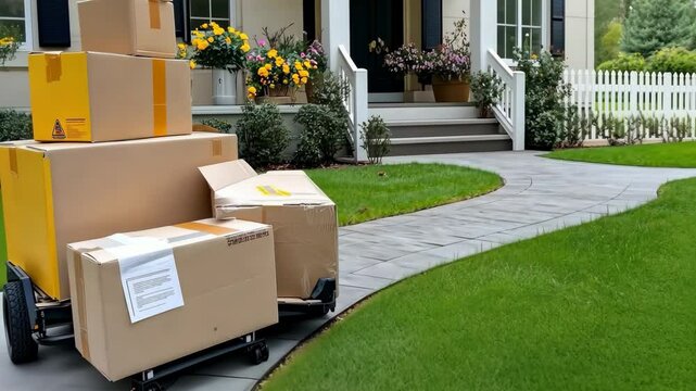 Multiple boxes are delivered and lined up neatly outside a welcoming home with vibrant flower beds