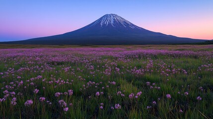 Pink flower field with snow-capped volcano at sunset.