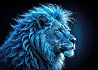Fototapeta premium Dark depths frame a vibrant blue lion, its roar echoing in a powerful wildlife portrait.