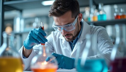 Male chemist conducting experiments in a laboratory wearing safety goggles and gloves