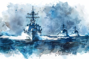 Dynamic naval fleet illustrated in vibrant watercolor, showcasing strength and motion on the open sea.