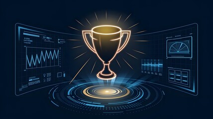 A glowing trophy icon floating in a holographic display surrounded by bursts of golden light, with futuristic graphs showing achievements and progress Less