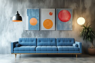 Mid Century Modern Living Room Interior with Blue Sofa and Pendant Light
