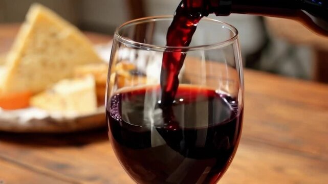A glass of red wine is on a wooden table next to a plate of food. The wine glass is half full and the wine is dark red