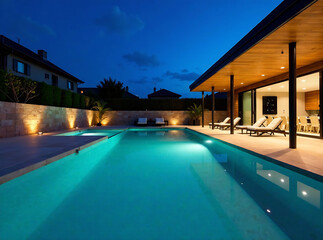 Fototapeta premium Modern Swimming Pool Construction with Blue Logo in Low Light Photography new image