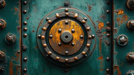 Round metal hatch on rusty green wall.
