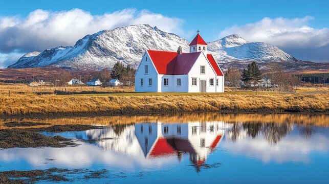 Red roofed church reflected in a lake with snowy mountains.