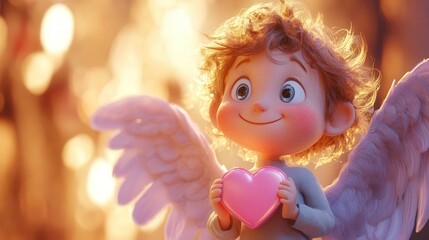 Fototapeta premium Joyful angelic child holding a heart in a whimsical setting filled with warm light. Generative AI