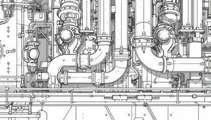 Intricate line art of complex machinery pipes and valves. Ideal for sci-fi backgrounds blueprints or technical illustrations.
