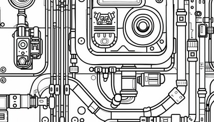 Intricate line art depicts a complex machine with interconnected parts and wires. Ideal for coloring pages, technical illustrations, or futuristic backgrounds.