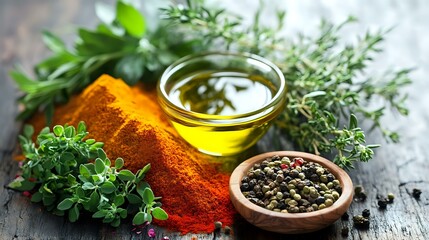 Artistic flat lay of colorful spices, fresh herbs and a small bowl of olive oil on a wooden table