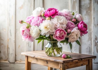 Scandinavian vase holds vibrant spring peonies, captured in a panoramic floral photograph against a wooden bench.