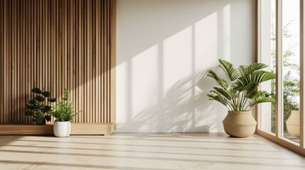 Modern Empty Living Room Interior with Wooden Panelling and Window. Home Background with Beige Flooring. 3D Rendering