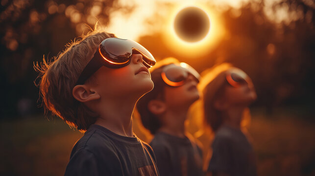 Children marveling at solar eclipse while wearing protective glasses in sunny park