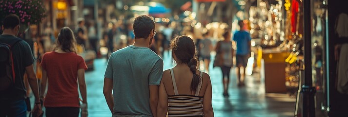 Naklejka premium A couple shares a tender moment walking together amidst a bustling city atmosphere filled with life.