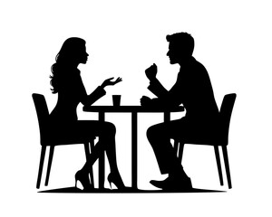  Scene should include two figures seated across from each other at table, engaged in discussion. Clipart image isolated on white background 