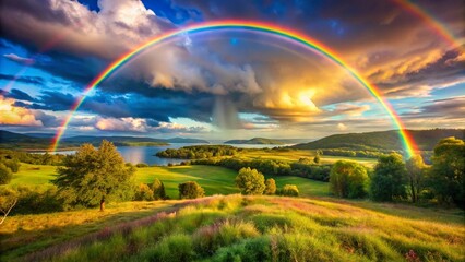 Fototapeta premium Background Wallpaper landscape Beautiful unusually colored landscape with lone tree rainbow and cloudscape ideal for desktop wallpapers. 