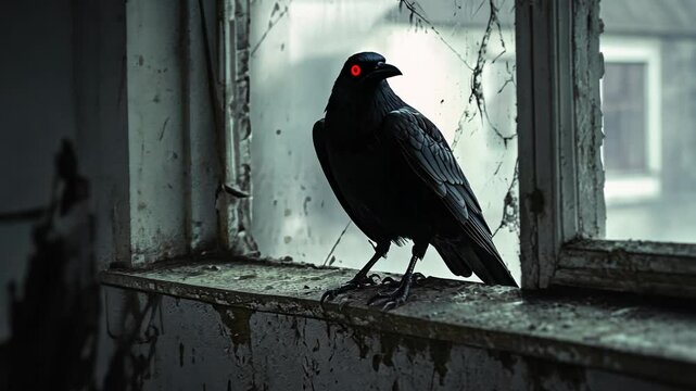 Black crow with red eyes standing on a window sill