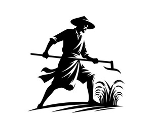  Farmer silhouette holding farming tool. Clipart image isolated on white background 