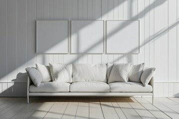 Minimalist Interior Design Template with White Sofa, Empty Frames and Parquet Floor