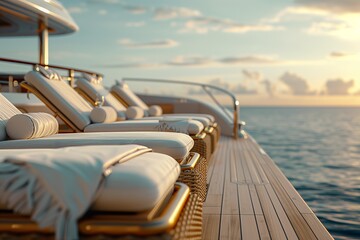 Luxurious yacht deck with sun loungers overlooking calm ocean waters during a serene sunset.