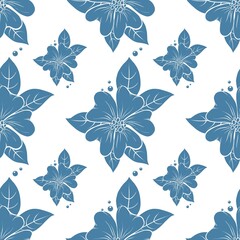 Seamless pattern with monochrome blue flowers and leaves on a white background. Perfect for textile, fabric, wrapping, home decorating, backdrop, packaging of food or beauty products
