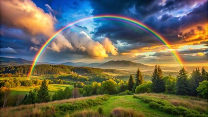 Fototapeta premium Background Wallpaper landscape Beautiful unusually colored landscape with lone tree rainbow and cloudscape ideal for desktop wallpapers. 