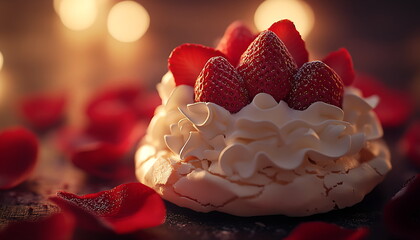 A beautiful fluffy pavlova with fresh strawberries