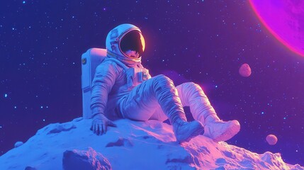 Obraz premium Exploring a distant world, an astronaut sits in awe beneath a vibrant, colorful sky filled with celestial wonders. Generative AI