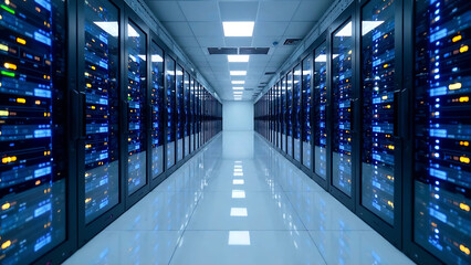 Obraz premium Image depicts a modern data center interior, with rows of servers emitting blue and white lights The floor has a reflective quality, and the room color scheme is cool, dominated by whites and blues ne