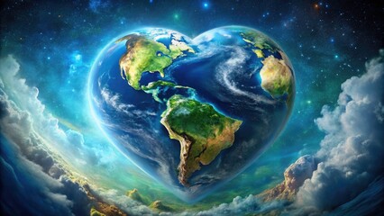 Fototapeta premium Stunning panoramic Earth, shaped like a heart; a cosmic symbol of global love and planetary beauty.